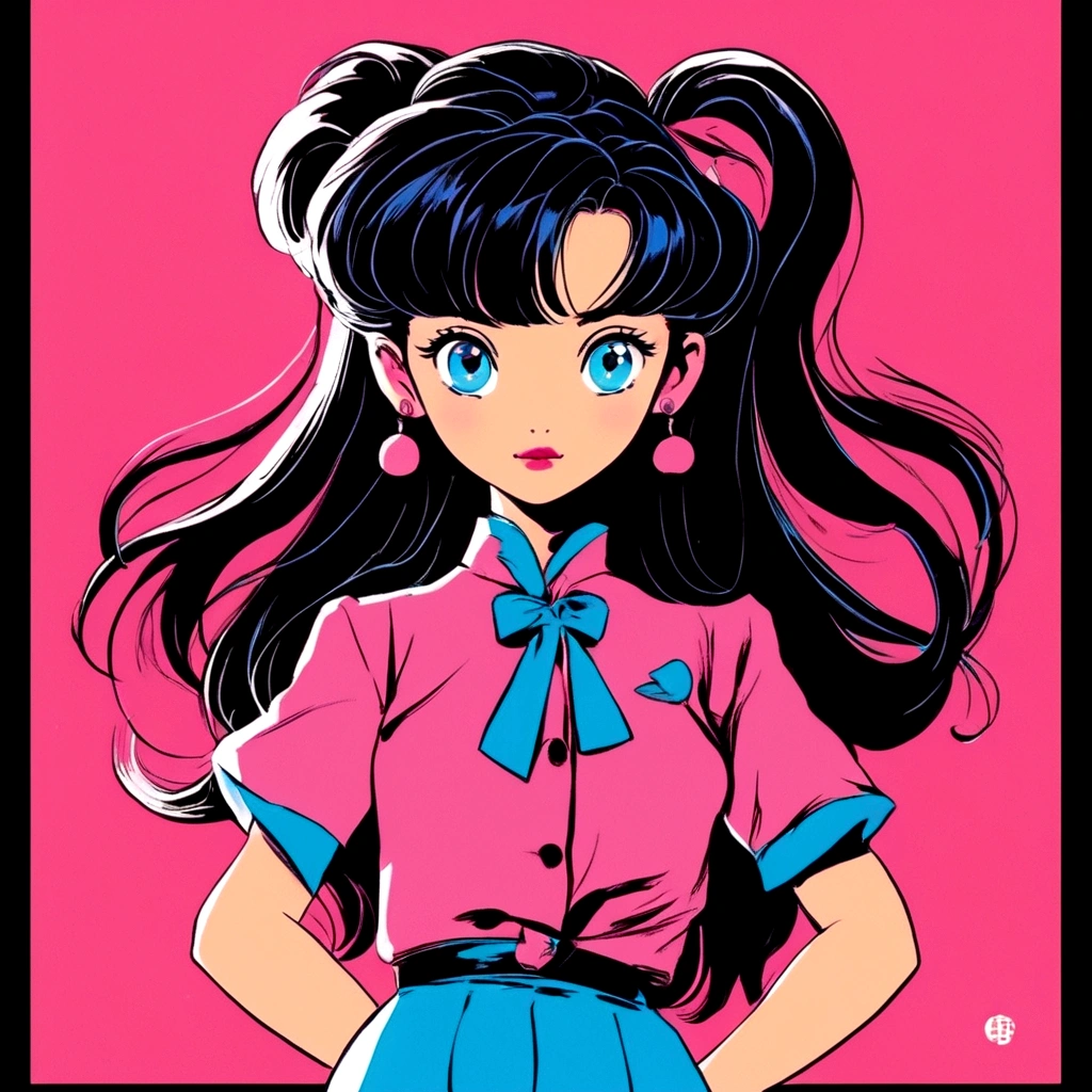 A retro girl（Cute:1.3 points）,（Eighties:1.4 points）,（Retro Hong Kong style:1.3 points），Showa manga，1990s animation style，Front view，First Person，Double tail，Blue Eyes，Pink clothes，Bust，Bangs，Simple background