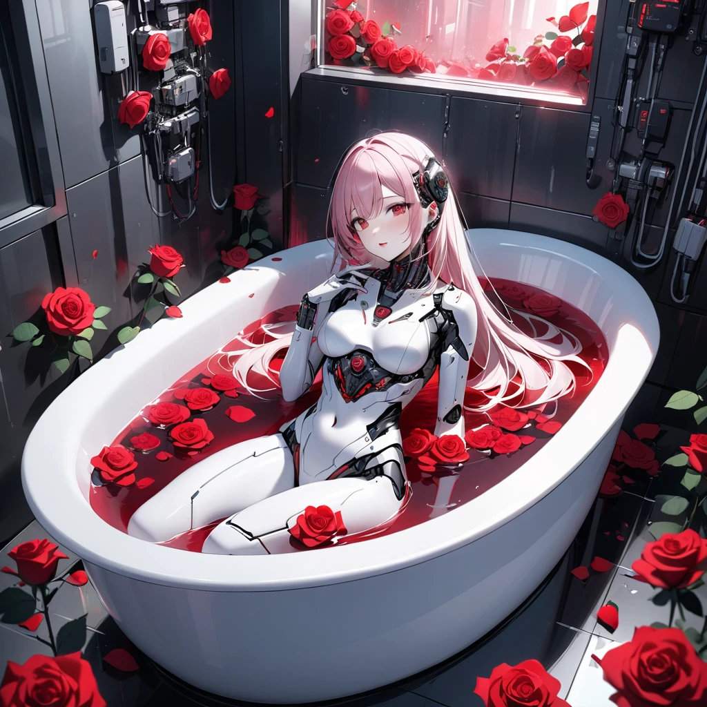 High quality, high definition images, full HD、
8k.(1white long hair ai cyborg girl )、(black on white cyborg body) , many mechanisms are visible,Many red lights on the exterior、Future cyber room,soaking in the bathtub in the bathroom Her chest is out of the bathtub.A large amount of red roses are scattered in the bath.Pick up a rose in the bath kissing a rose,
