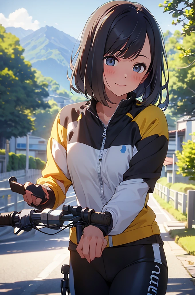 brown hair、looking at the viewer, small face, Beauty, hands up, one person, cycling wear, half cycling pants, mountain road, blue sky, (Akane Kurokawa:1)