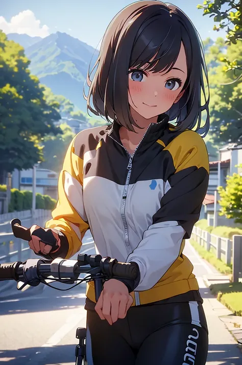 brown hair、looking at the viewer, small face, beauty, hands up, one person, cycling wear, half cycling pants, mountain road, blu...