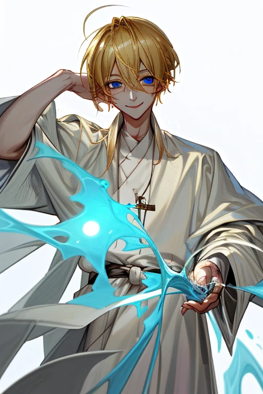 blonde，boy with clear blue eyes，Priest white robe，Realism，Smile ，meticulous 