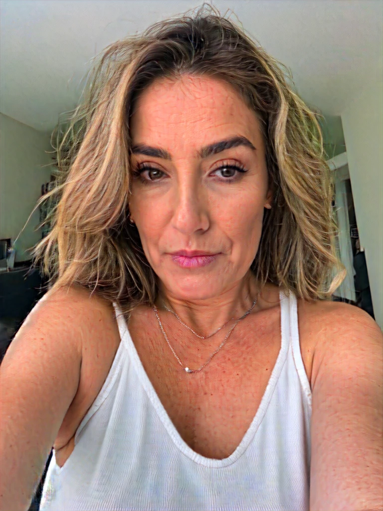 photograph, cropped, upper body selfie photo of a cute 60yo woman, cleavage, photo grain, instagram, pouting