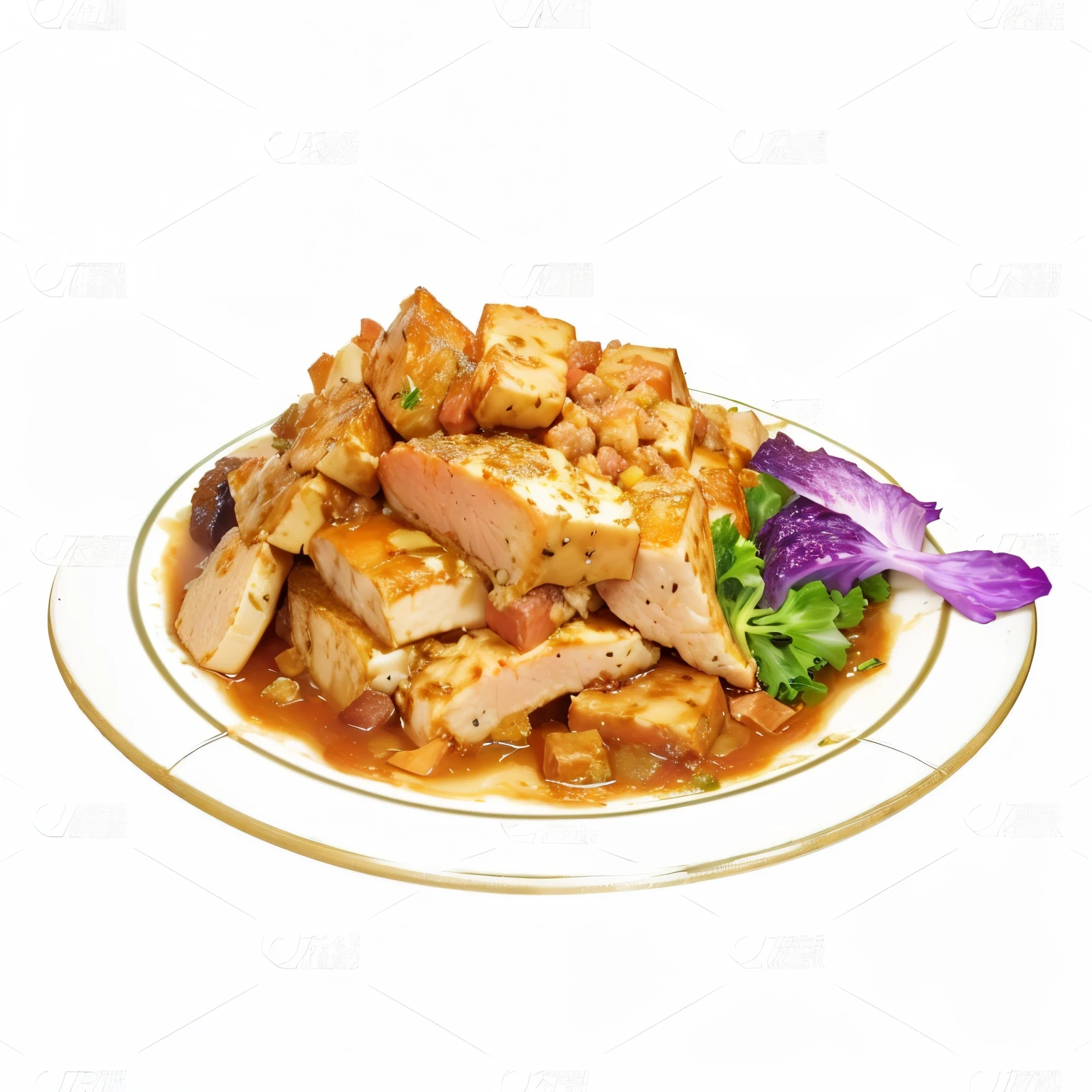There is a plate of food,It has meat and vegetables on top, The texture of the meat, chicken, Inspired by Awataguchi Takamitsu, Hyper-realistic food pictures, serve on a plate, Rendering, Map tofu cartoon, Dinner is ready, Black person, aesthetic shot, Chen Bo, made in illustrator, pork, SFW version, Food 4k, Made with photoshop