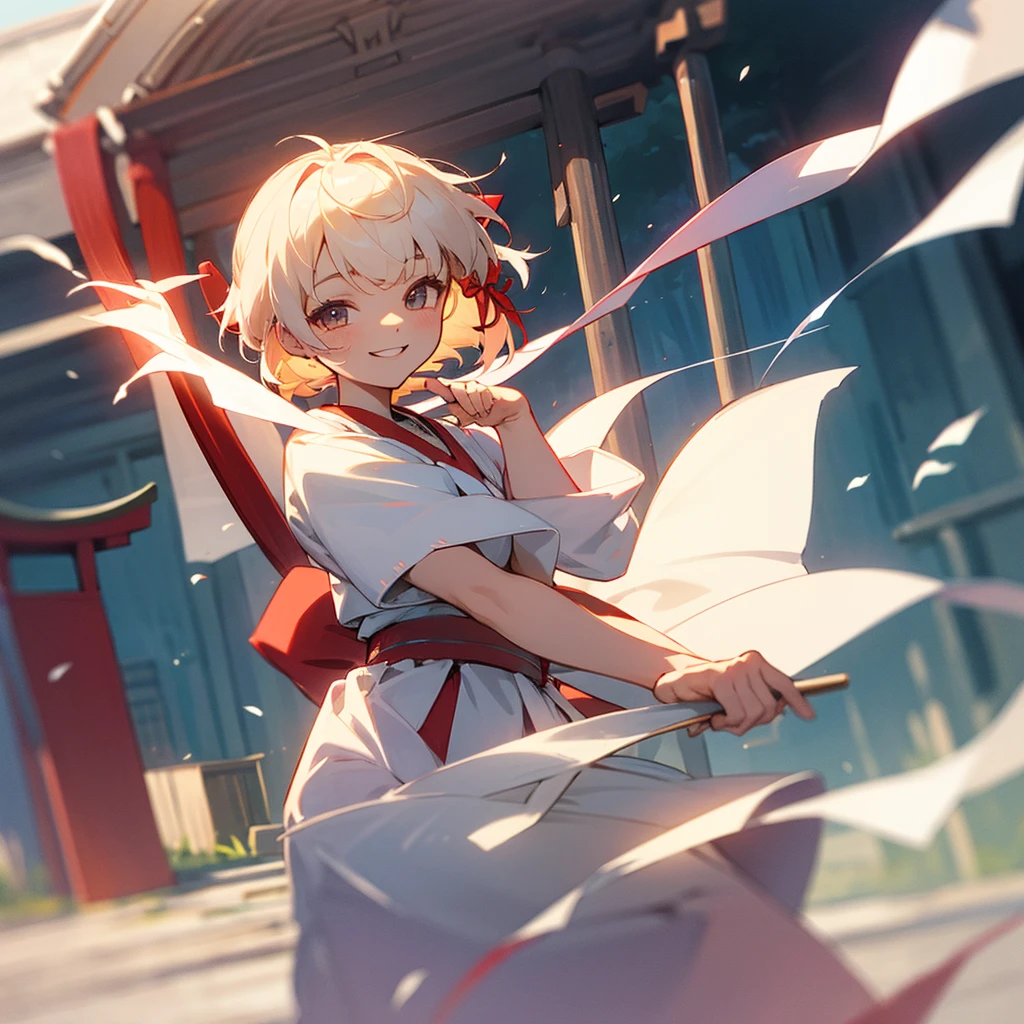 Shrine maiden outfit, light-colored short hair, ribbon on head, smiling face