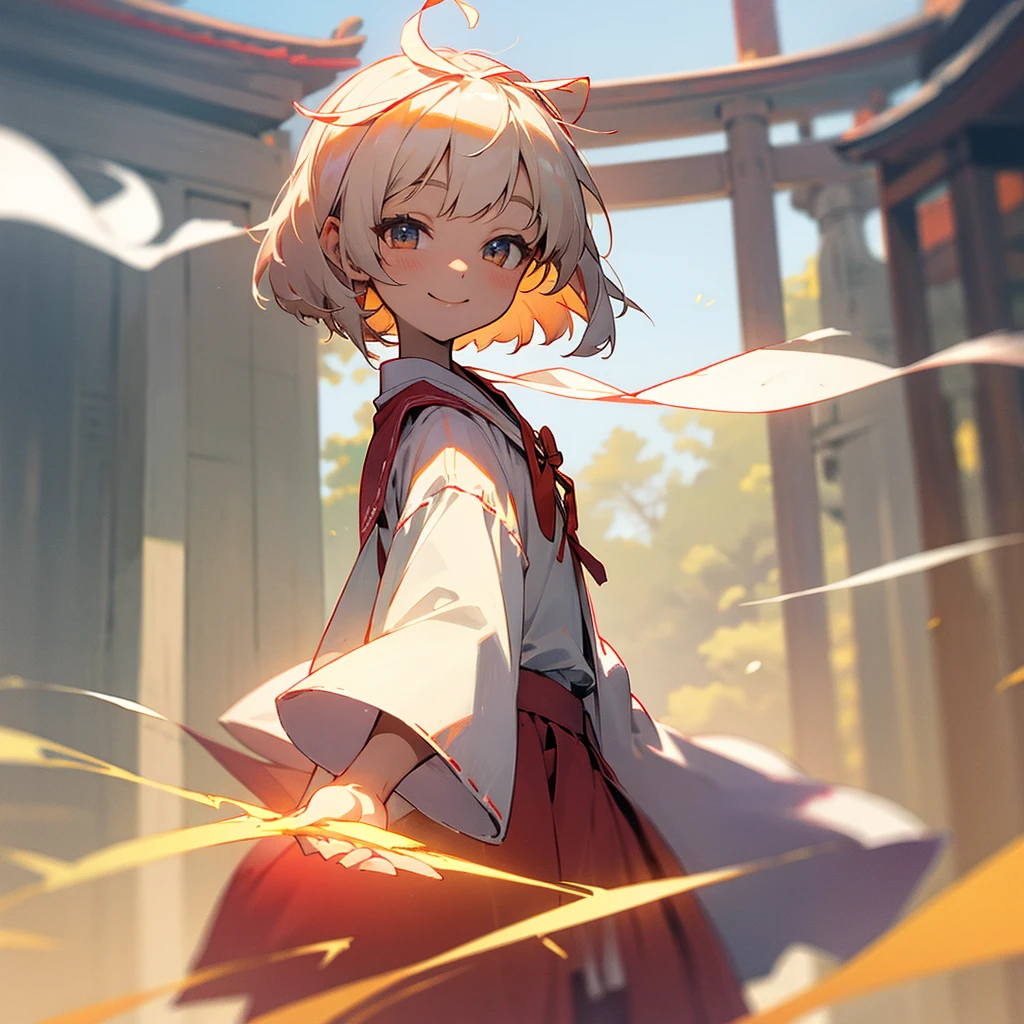 Shrine maiden outfit, light-colored short hair, ribbon on head, smiling face