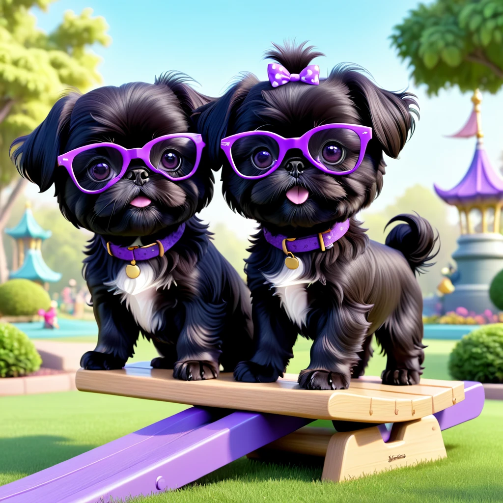 2 Adorable small black Shih Tzu puppies wearing purple glasses playing on see saw at park Disney background 3d cartoon 3d render disney pixar style