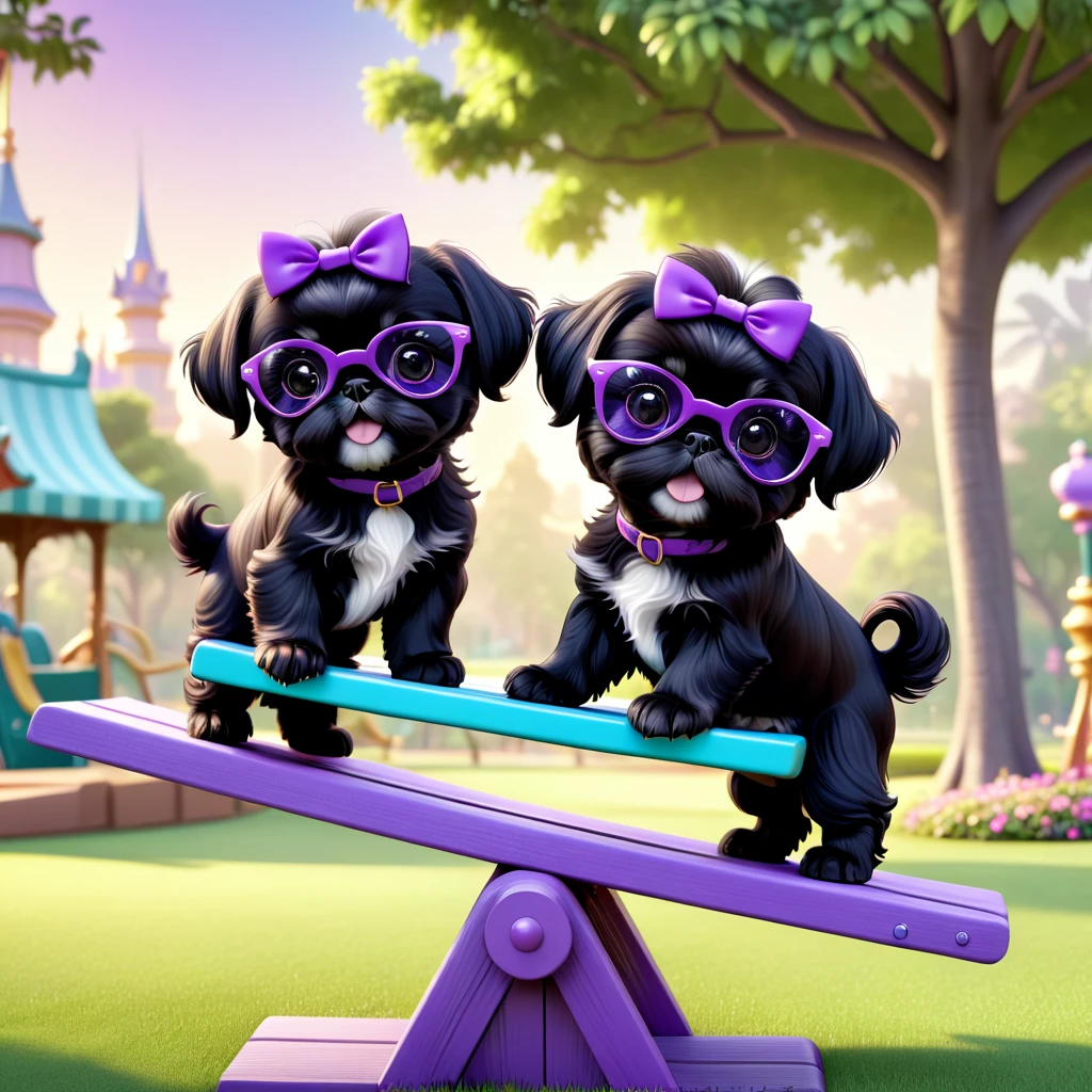 2 Adorable small black Shih Tzu puppies wearing purple glasses playing on see saw at park Disney background 3d cartoon 3d render disney pixar style