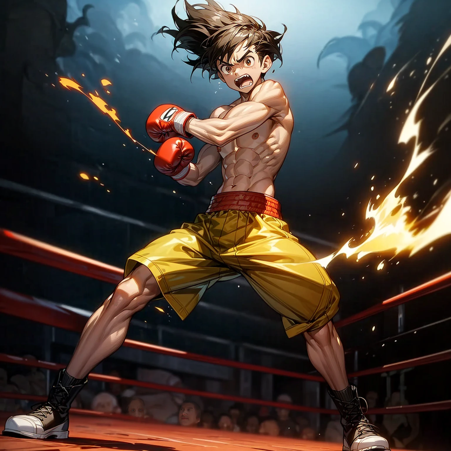 1boy, Full body version, 1character, brown eyes color, tan skin, bowl hairstyle, black colour hair, largest muscle, Boxing outfit clothing, boots, naked, Topless, naked body, Grassroots background in ring boxing, motion blur, (one piece style art), shadow, no weapon, boxing gloves, boxing, Plasma effect, smoke effect, fire effect, lighting eyes, angry, angry eyes, angry mouth, wind effect, (battle gesture), motion blur, His hands are on fire, boxing gloves are on fire, fire boxing gloves