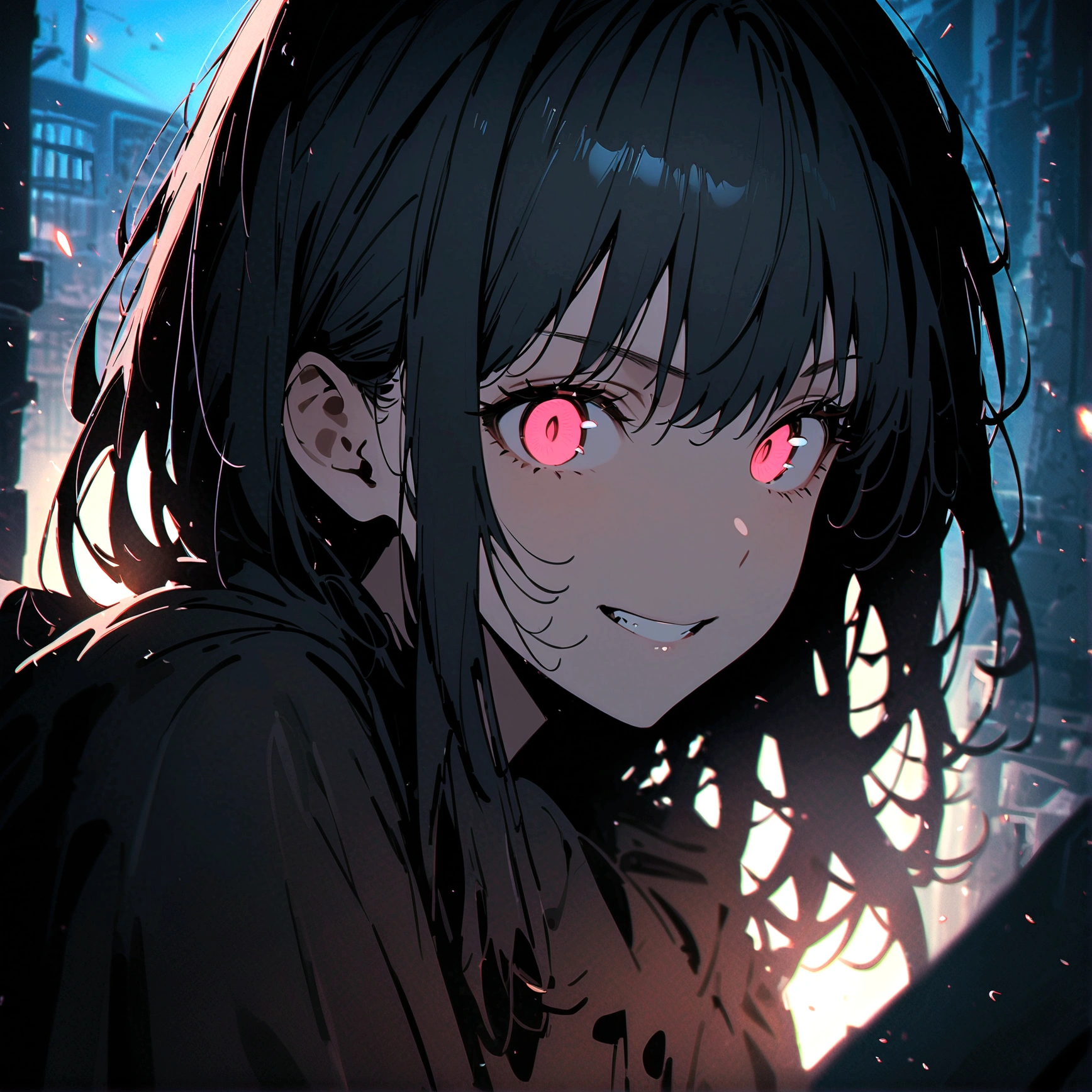 Portrait of the exorcist, desolate house, fright,best quality, masterpiece, absurdres, high quality, very authentic, upper body, 1girl, glowing neon pupils eyes,moody, special effects, light particles, chromatic aberration, shallow depth of field, film, filmic, casting shadow, dark, grin, dynamic pose,
