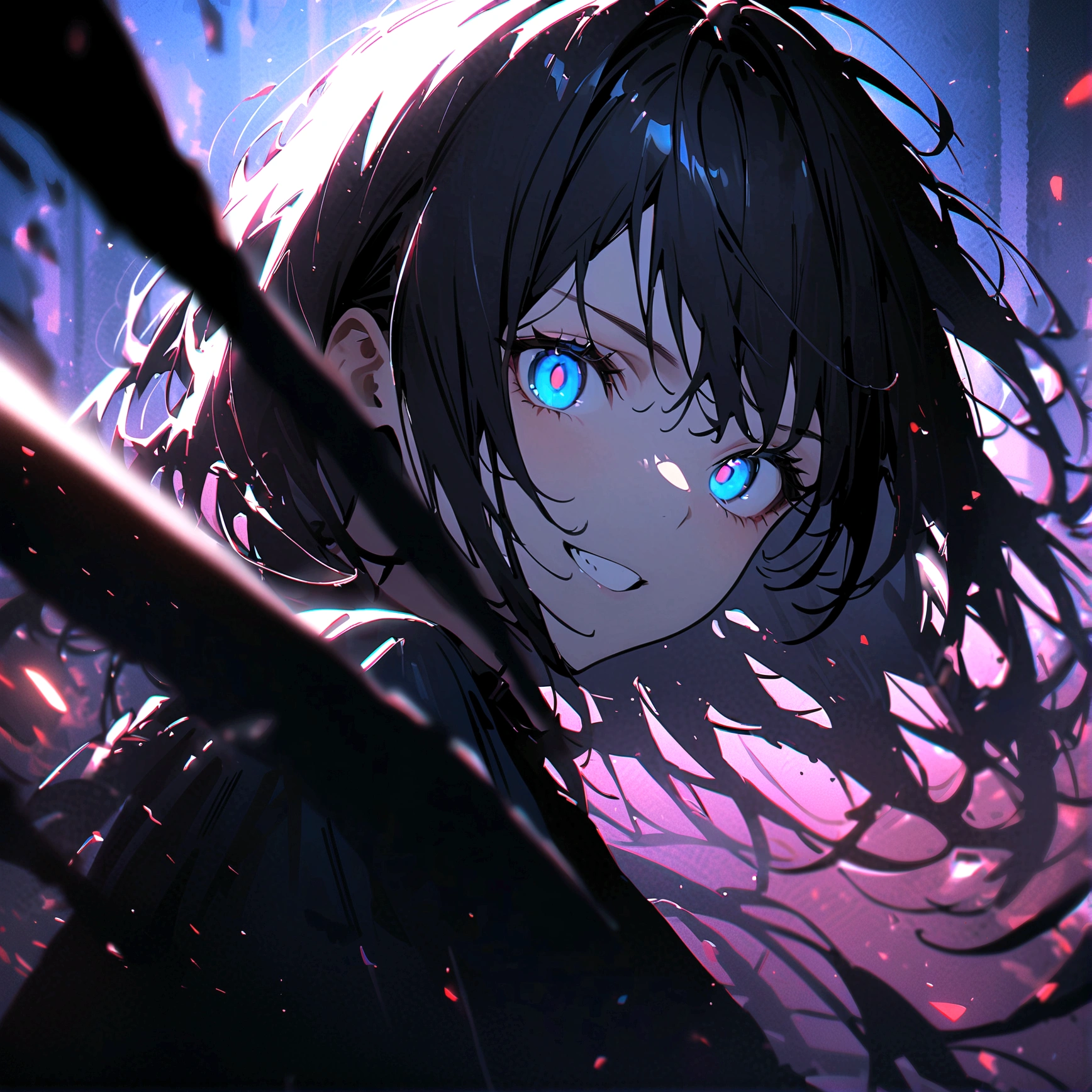 Portrait of the exorcist, desolate house, fright,best quality, masterpiece, absurdres, high quality, very authentic, upper body, 1girl, glowing neon pupils eyes,moody, special effects, light particles, chromatic aberration, shallow depth of field, film, filmic, casting shadow, dark, grin, dynamic pose,