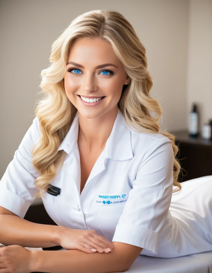 1 woman, western movies, masseur, (25 years old), captivating blue eyes, smokey eye makeup, long wavy blonde hair, bright smile, white uniform, professional spa attire, massage one&#39;s hands skillfully, Eyes focused on work, spa settings, essential oil, comfortable atmosphere, Close up shot of hands working on shoulder, Serene indoor spa environment, soft ambient lighting, high quality, natural material, wooden massage table, quiet, Wide angle shot showing a peaceful spa room, calm sound of water, soft sunlight coming through the window, realistic, Calm atmosphere, hotel room,