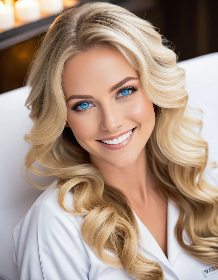 1 woman, western movies, masseur, (25 years old), captivating blue eyes, smokey eye makeup, long wavy blonde hair, bright smile, white uniform, professional spa attire, massage one's hands skillfully, Eyes focused on work, spa settings, essential oil, comfortable atmosphere, Close up shot of hands working on shoulder, Serene indoor spa environment, soft ambient lighting, high quality, natural material, wooden massage table, quiet, Wide angle shot showing a peaceful spa room, calm sound of water, soft sunlight coming through the window, realistic, Calm atmosphere, hotel room,