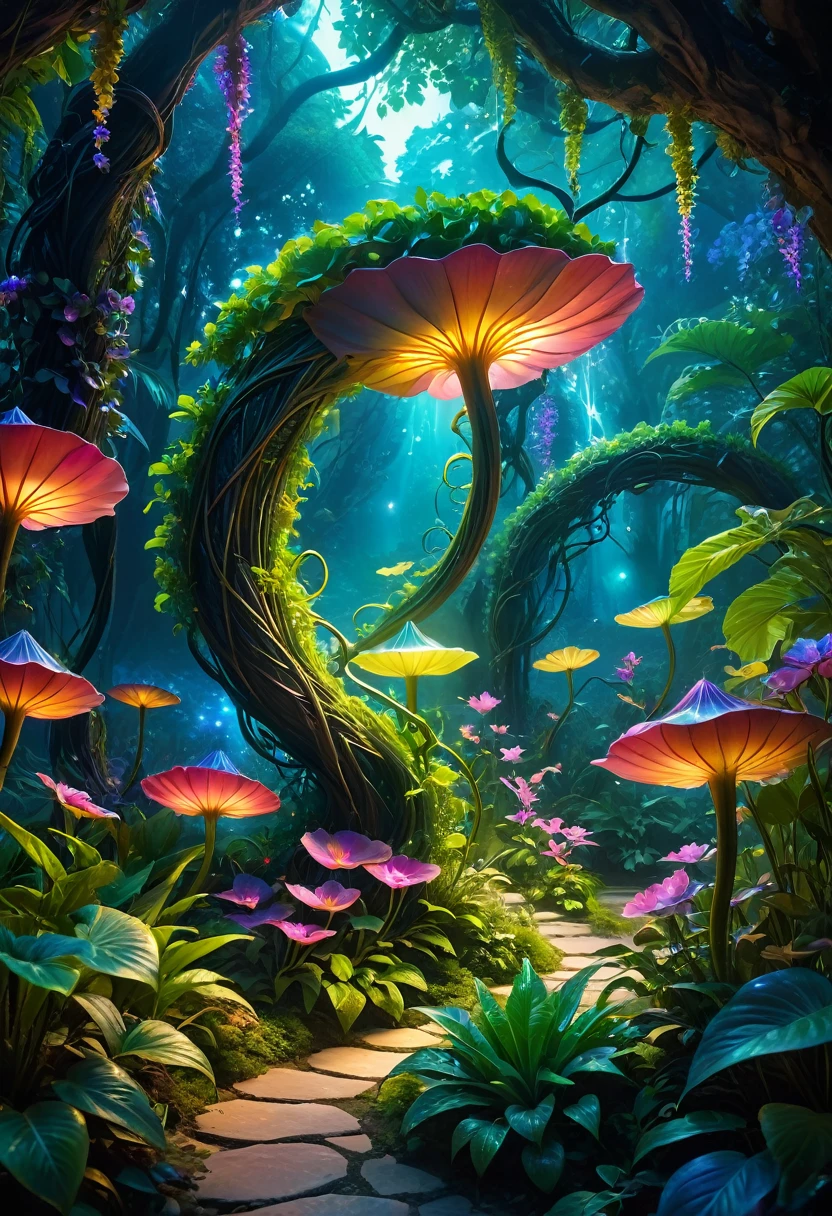 (best quality,4k,8k,highres,masterpiece:1.2),ultra-detailed,(realistic,photorealistic,photo-realistic:1.37),bright and colorful lighting,vivid colors,botanical dreamscape,magical alien plant,ethereal atmosphere,otherworldly,alien landscape,alien vegetation,extraterrestrial flora,unsual plant life,exotic display,nurtured by cosmic energy,phosphorescent glow,glowing petals,crystalline leaves,bioluminescent tendrils,surreal and vibrant,rich saturation,organic shapes,translucent blossoms,dreamlike fantasy,enchanted environment,lush growth,abundant foliage,twisting vines,shimmering leaves,unusual textures,curved forms,aromatic scent,transcendent beauty,mystical allure,mythical essence,enchanted garden,hidden sanctu wlary,peaceful tranquility,harmony with nature. Women