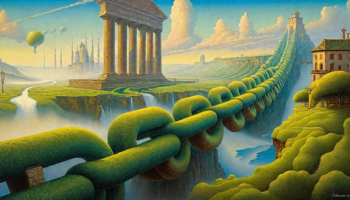 There is a link in the middle of the chain、AraFed Chain with buildings in the background, Artwork about the road to , surreal gediminas pranckevicius, chris achilleos, Spectacular surrealism 8k oil painting, stefan koidl, Greek fantasy, Amazing depth, By Alexander Kucharski, Large Chains, Surreal Scene