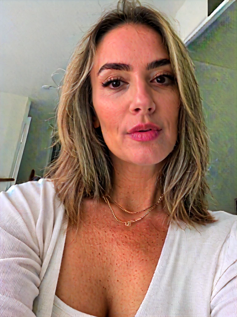 photograph, cropped, upper body selfie photo of a cute 60yo woman, cleavage, instagram, pouting