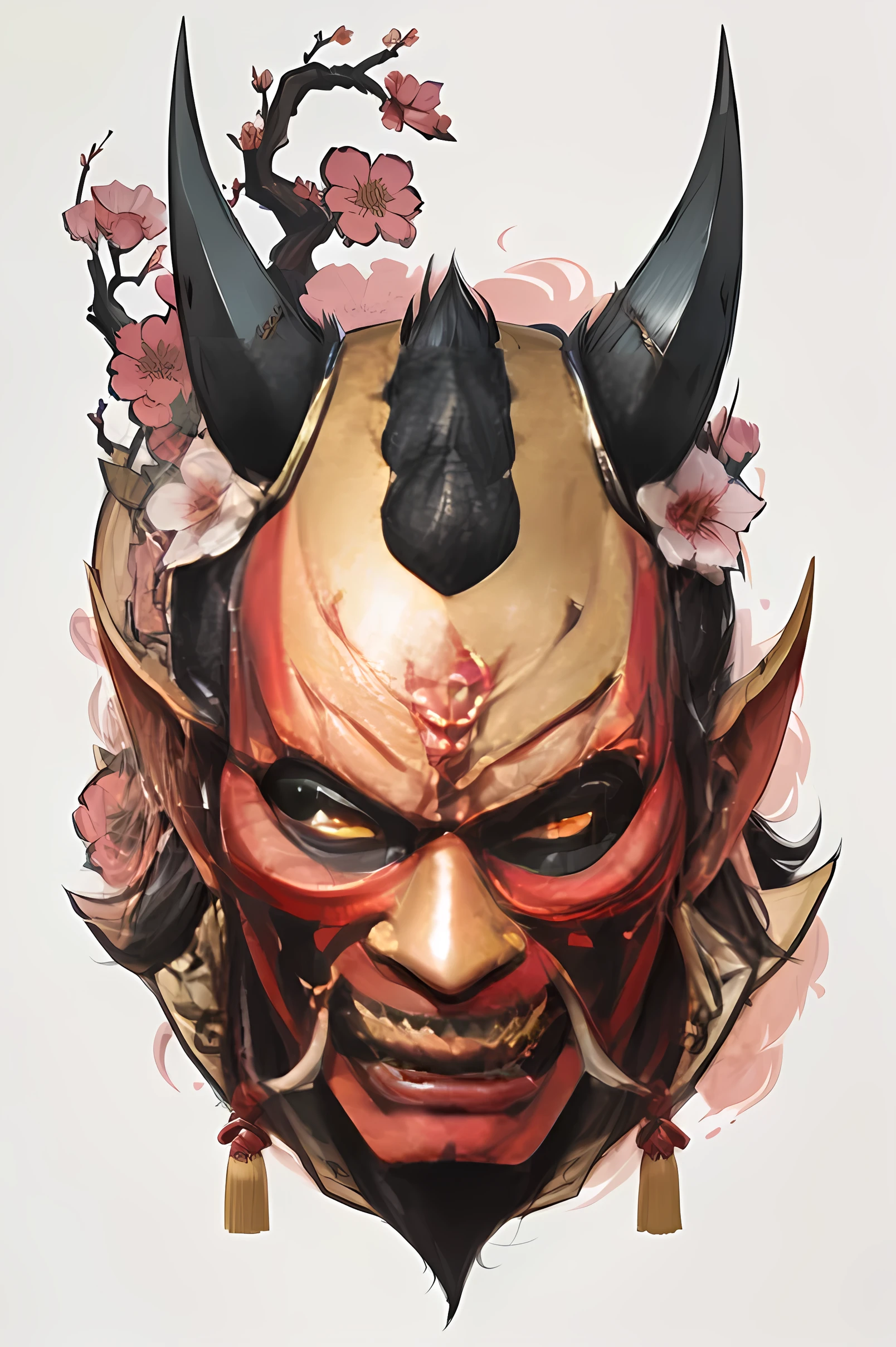a close-up of a mask with horns and flowers on it, demon Samurai-Maske, oni mask, oni horns, villain wearing a red oni mask, Demon Samurai, Demon Samurai warrior, oni, Samurai with demon mask, Mika Kurai Demon, Samurai-Maske, Symmetry!! Portrait of Akuma, Chinese Ghost Festival, handsome japanese demon boy