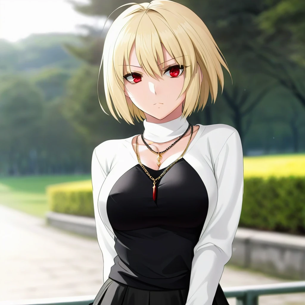 masterpiece,best quality,Arcueid,ruby eyes, ruby eyes,short hair,1girl, white sweater, solo,looking at viewer, black skirt,hair between eyes,breasts,outdoors, chain necklace, fang, angry, black tights, long nails