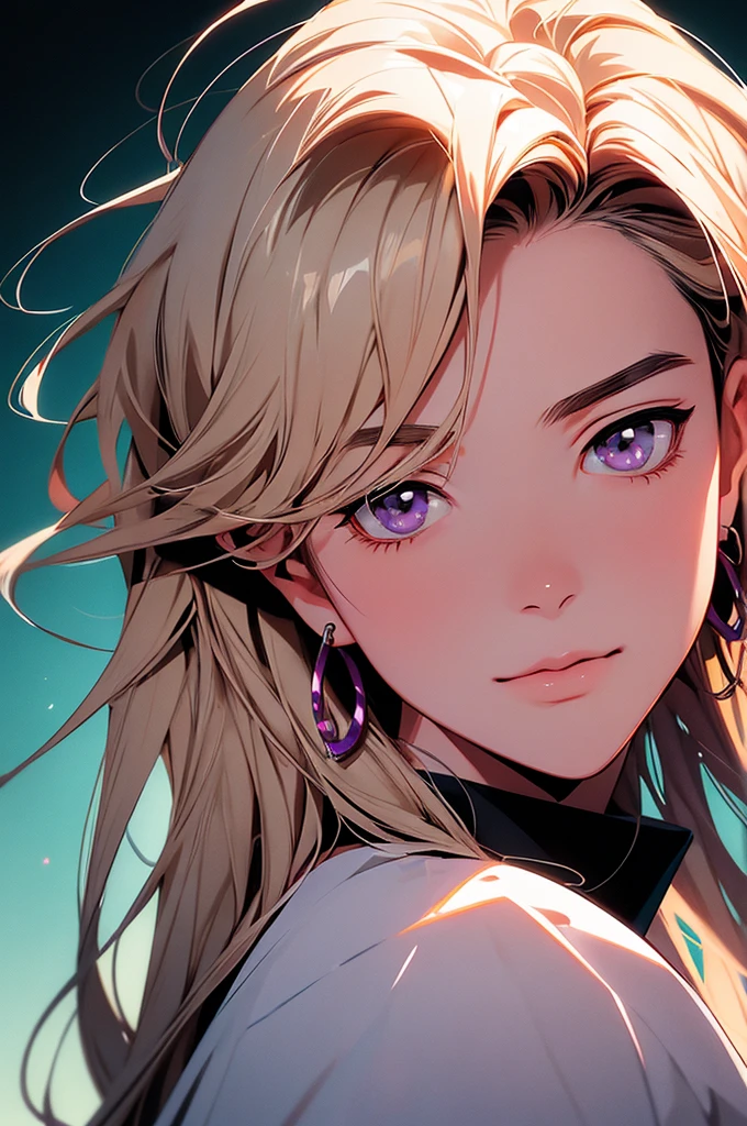 2d illustration, Anime, fine art portrait, in manhwa style, Bishamon from Noragami, 1 girl, blond hair, long hair, big hair, eye patch, pixie with undercut, draw up, purple eyes, Dutch corner, Beautiful, A high resolution, masterpiece, Best quality, high detail, high detailed eyes, Grain filter, {{confident smile}}, Detailed lips, chandelier earrings