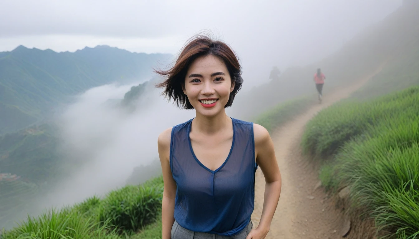 Beautiful Korean Woman, Chest size 34 inches, Wearing high-end luxury brand sleeveless and high-quality casual pants., Foggy scenery of Sapa, Vietnam, I can see the trail, Short and medium hair blowing in the wind, Taken from a distance with a wide angle lens, Realistic living landscape, Front photo facing the camera, best picture quality, Short medium hair blowing in the wind, smile brightly, A thick fog obscures the front, Standing on a very narrow mountain path, Slightly medium hair blowing in the wind, , hair blowing in the wind
