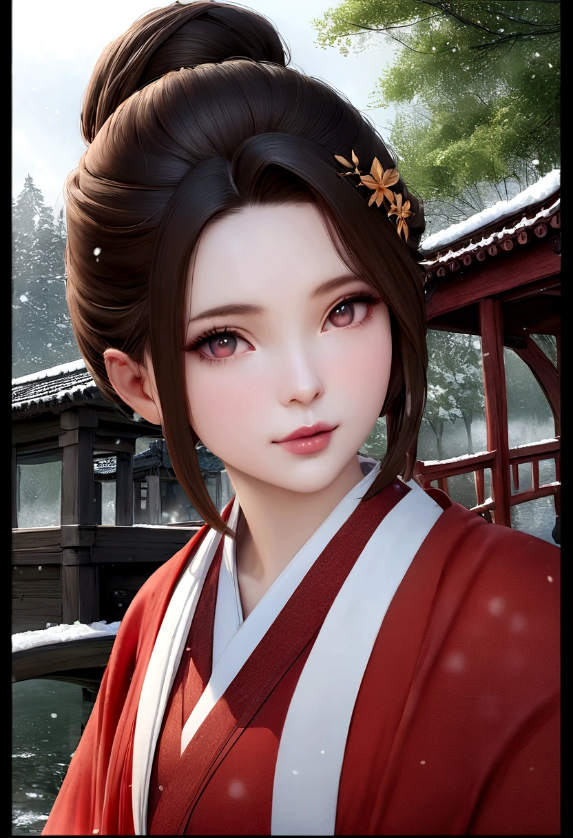 Snowing day, Hanfu women, (Red Hanfu), Upper body portrait, Hairpin, Hair Bun, Green Trees, Clear skies, Overhanging part of bridge, Dreamy, Bouguereau reports, Popular on artstationh, Exquisite facial features style, Close-up photo style, 8K, HD, upscale, Practical significance, First-person perspective, Orthognathic,Looking at the audience,flash,