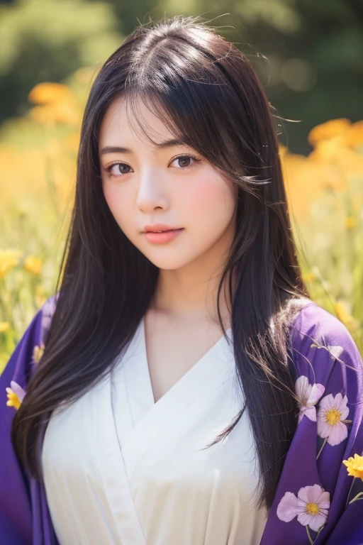 Super super realistic、high quality、Very detailed、Ultra-high resolution、Black Hair、Long Hair、The Beauty of Japan、No makeup、double、Wide-set eyes、Sensual eyes、Sleepy eyes、Apple Cheeks、Alabaster peel、Thin eyebrows 、teeth、Thick lips、sad、behind、Embarrassing 、Apply blush all over the face、Sticking out tongue、Mole under eye、Half-closed eyes、Hollow Eyes、envy、Exhausted、19 years old、height: 147cm、she wearing deep purple and black kimono、standing on Flower Meadow of Delphinium、sunlight、full body、blue sky、glint、