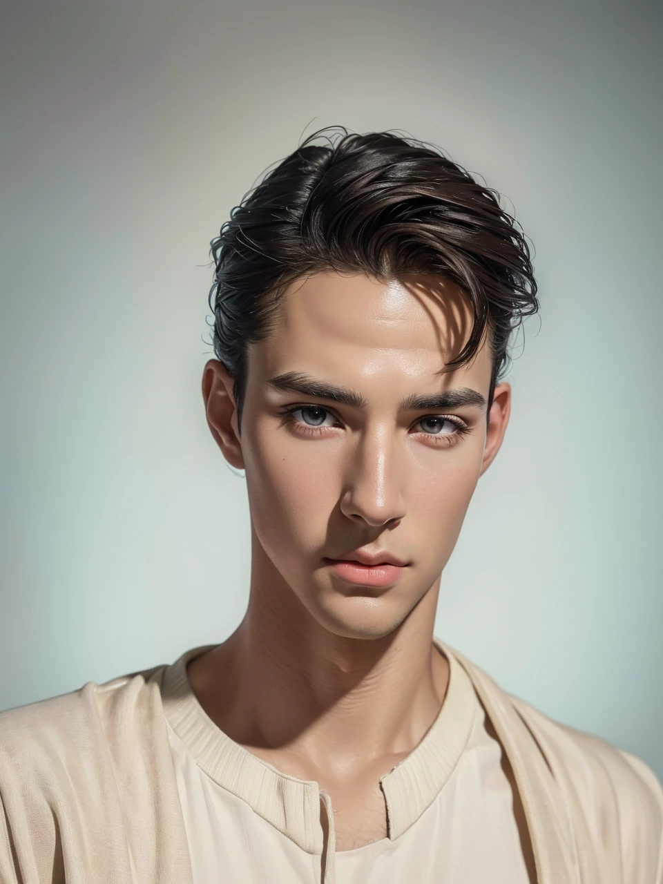 a young white man, detailed realistic face, dark brown eyes, long eyelashes, medium length black hair, handsome portrait, (best quality,4k,8k,highres,masterpiece:1.2),ultra-detailed,(realistic,photorealistic,photo-realistic:1.37),high quality, studio lighting, extremely detailed, hyper realistic, oil painting, vibrant colors, dramatic lighting
