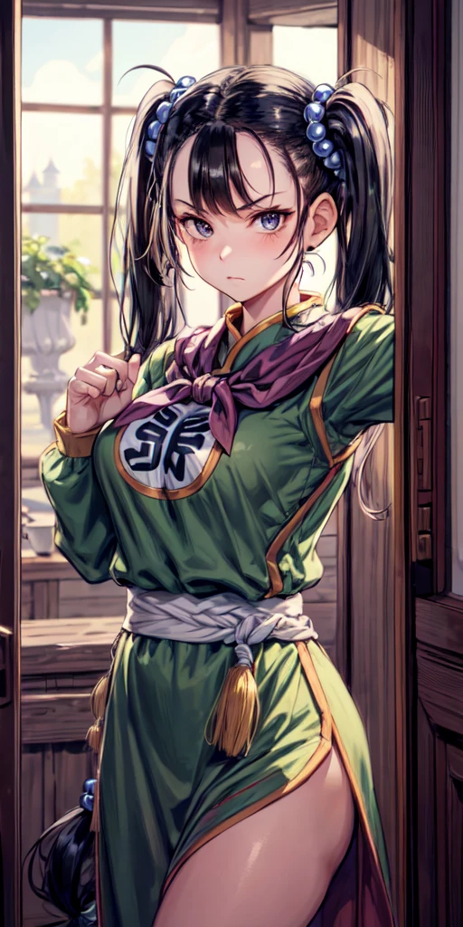 masterpiece, best quality, 4k, 8k, fighter (dq3), 1girl, solo, long hair, twintails, looking at viewer, black hair, hair ornament, long sleeves, dress, medium breasts, closed mouth, cowboy shot, black eyes, arm up, chinese clothes, hair bobbles, clenched hand, fighting stance, Ancient Castle, indoor