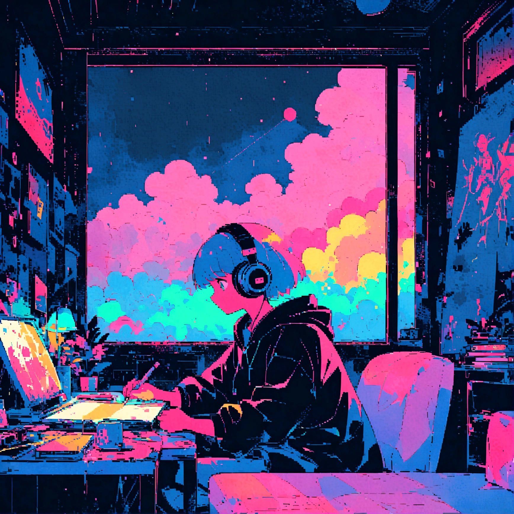 (zero), Girl studying in room, Reading a book, Wear headphones, , night lighting, Neon scenery on a rainy day,Analog Color Theme, Lo-fi Hip Hop , review, flat, 2.5D ,Draw a line, Ink painting, Large slope, Watercolor, Goosh Colors, Studio Ghibli style, Great colorful, Outerton, Synthwave, Lofi Art,90s Style,Old Texture, amplitude,90s vibe, Tabletop, Great technology, 16:9 Scale