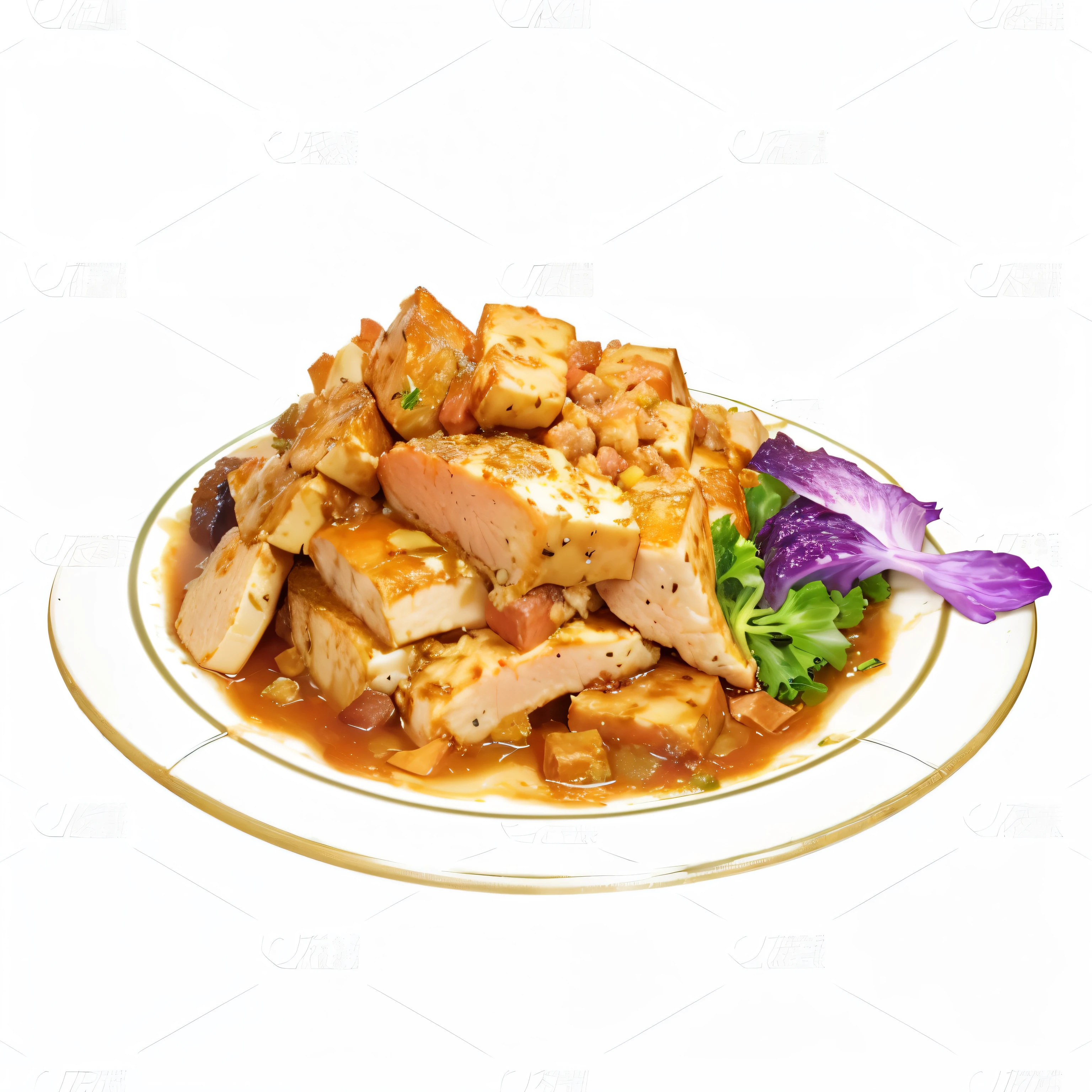 There is a plate of food,It has meat and vegetables on top, The texture of the meat, chicken, Inspired by Awataguchi Takamitsu, Hyper-realistic food pictures, serve on a plate, Rendering, Map tofu cartoon, Dinner is ready, Black person, aesthetic shot, Chen Bo, made in illustrator, pork, SFW version, Food 4k, Made with photoshop