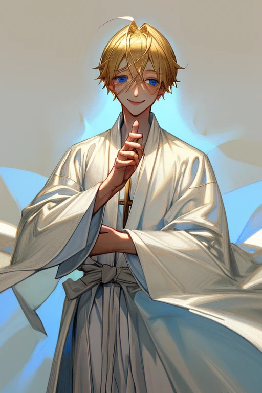 blonde，boy with clear blue eyes，Priest white robe，Realism，Smile ，meticulous 