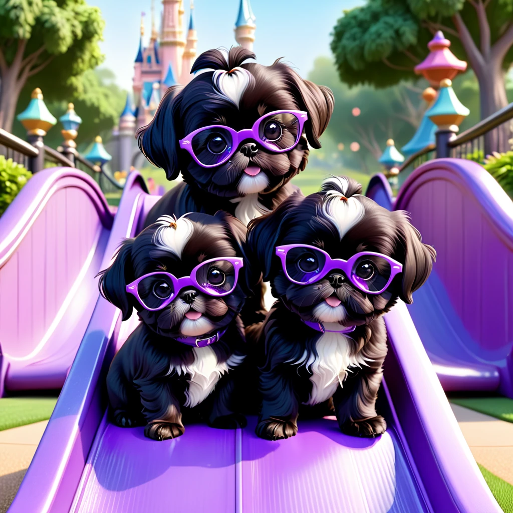2 Adorable small black Shih Tzu puppies wearing purple glasses playing on slide at park Disney background 3d cartoon 3d render disney pixar style