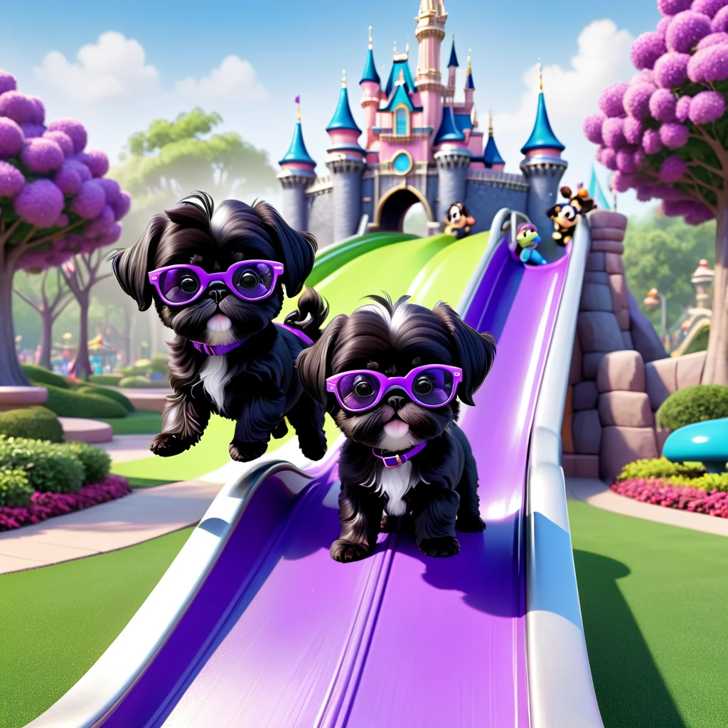 2 Adorable small black Shih Tzu puppies wearing purple glasses playing on slide at park Disney background 3d cartoon 3d render disney pixar style