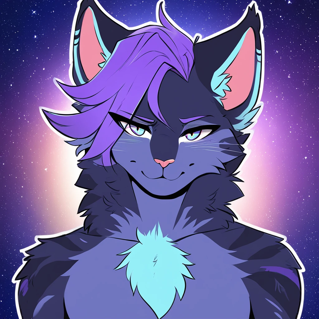 adult, feline, mammal, anthro, anthromorphic, cat, striped, fur, furred_anthro, femboy, male, dark_blue, ear_tufts, paws, hair_tuft, hair_between_eyes, long_tail, fluffy, expressive_eyes, purple_hair, light, galaxy_fur, looking_at_viewer, light_blue_chest, shy, small_pupils, spotted_pattern, stripes, digital_art, high_resolution, high_res, background shy, head_visible, neck_visible, profile_picture, seductive_face, galaxy_background, white_outline, angry_expression