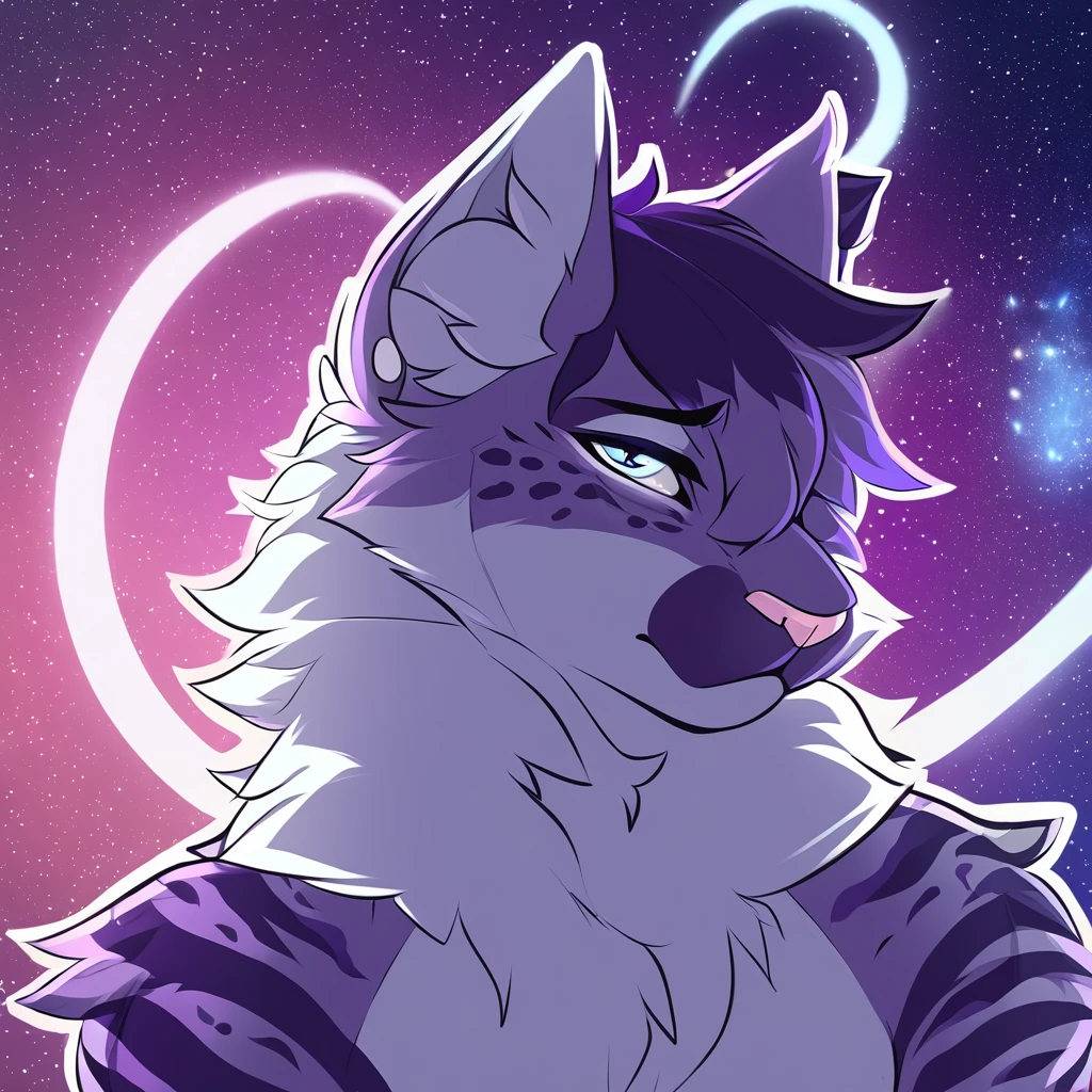 adult, feline, mammal, anthro, anthromorphic, cat, striped, fur, furred_anthro, femboy, male, dark_blue, ear_tufts, paws, hair_tuft, hair_between_eyes, long_tail, fluffy, expressive_eyes, purple_hair, light, galaxy_fur, looking_at_viewer, light_blue_chest, shy, small_pupils, spotted_pattern, stripes, digital_art, high_resolution, high_res, background shy, head_visible, neck_visible, profile_picture, seductive_face, galaxy_background, white_outline, angry_expression