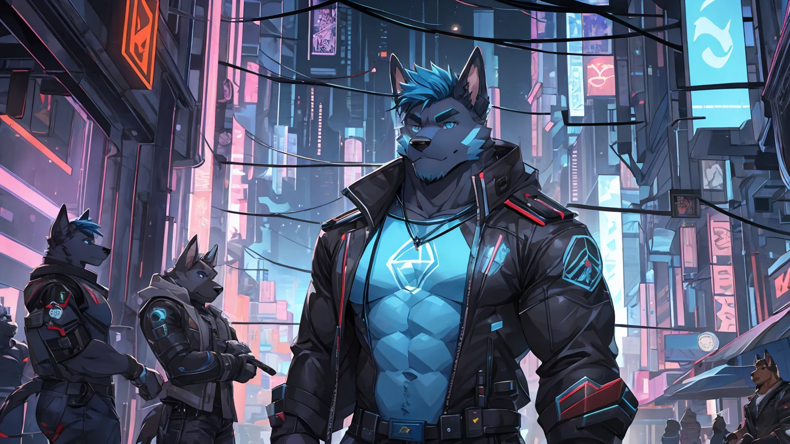perfect face, bara furry, dog man, big body, black skin, short quiff blue hair, blue eyes, perfect eyes, big dog ears, handsome, cyberpunk, in the sky