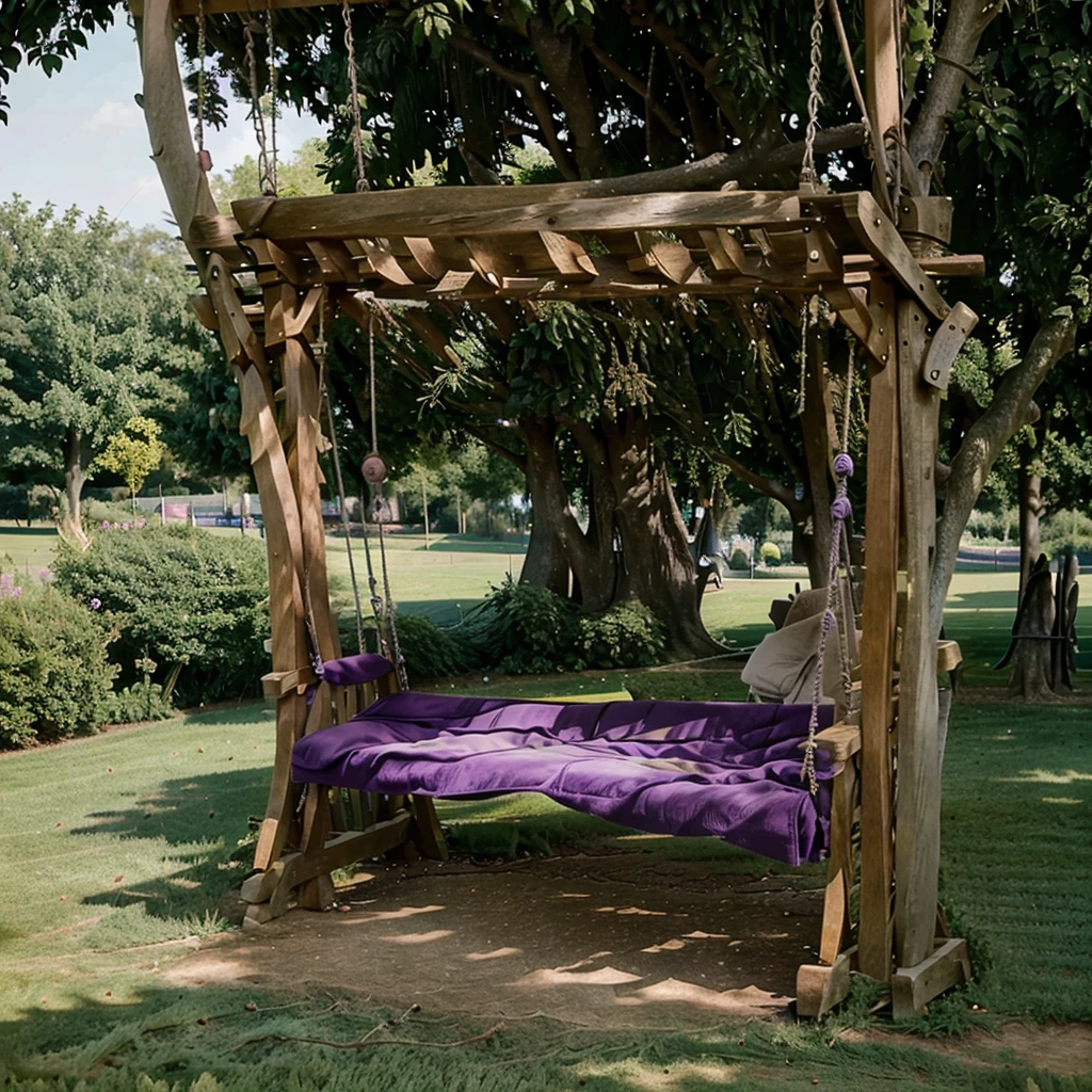 Draw a purple tree on a green field, on which the swing weighs