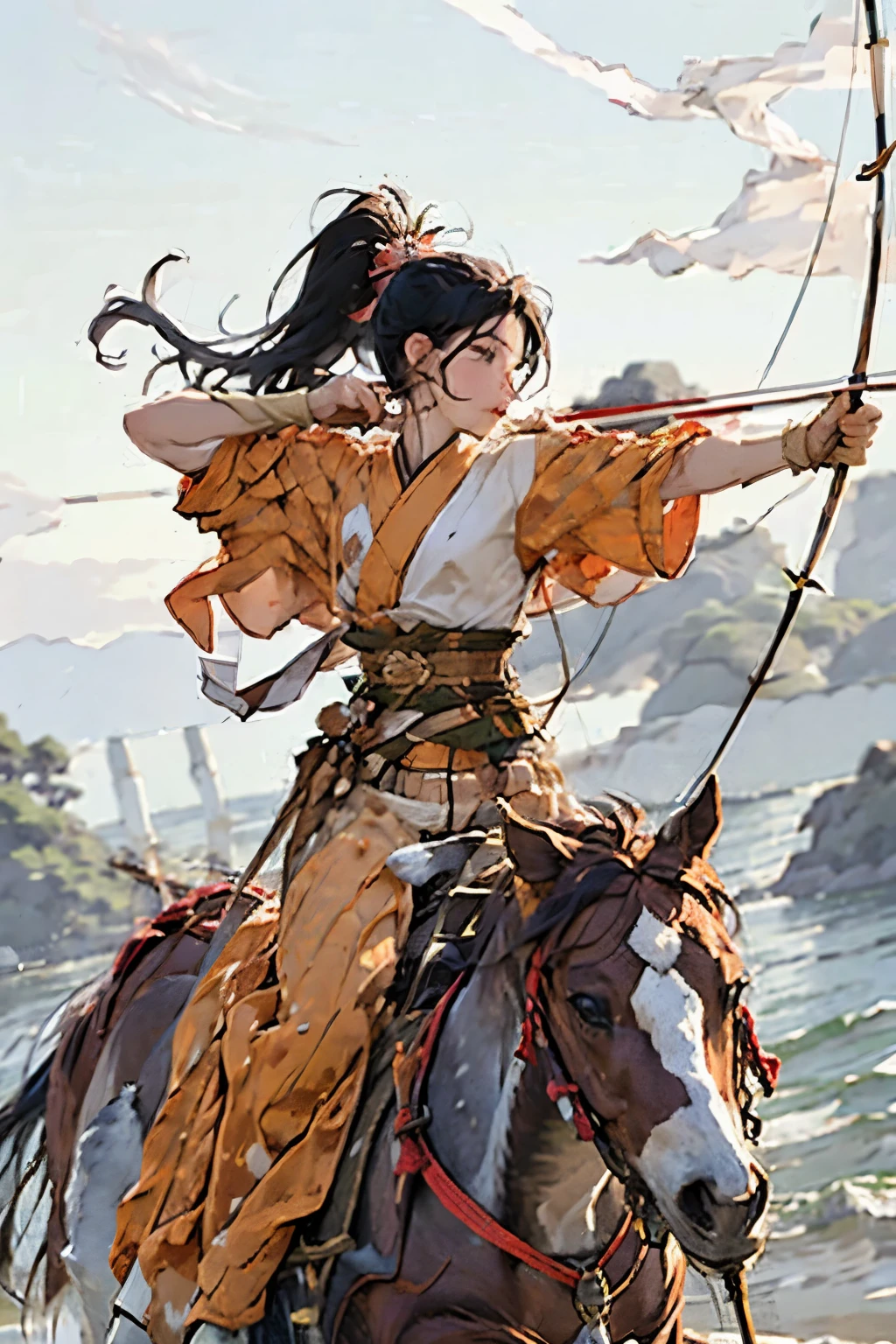 (masterpiece, best quality:1.2), yabusame, beautiful girl, horseback riding, hole body, (holding bow in left hand:1.2), long bow, (holding arrow:1.2), (kaburaya:1.2), kyudou-hikiwake, outstretched arm, black igote, deerskin mukabaki, galloping horse, red munagai, sea side,