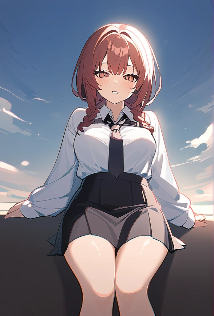 ((best quality)),((highly detailed)),masterpiece,absurdres,detailed face,beautiful face,(detailed eyes, deep eyes),1girl, Tomo, , solo, red eyes, short skirt , sky, day, cloud, pleated skirt, leopard print panty, outdoors, looking at viewer, open clothes, standing, loose white shirt showing cleavage, Gyaru, Big breast, tanned skin, Glossy lips, a lot of earpierce, Necklace,Bracelet, Half eyes expression, Smirk, feminim,1girl,Solo,Spouty mouth,Big hair,Heart shaped emotion,Bored expression,Thick lips,colored Long nail,Stylish wavy hair,Celeb wavy hair,Tight tights,Plump,Curvy figure,top knot Ponytail,wavy ponytail,H cup,Gyaru rings,Gyaru accesories,Big bouncy breast,Curvy figure,Half eyes open expression,((long sleeved green Sweeter with white dhirt univorm inside)),cleavage,Spouty mouth expression,1hand crossing,1hand in cheek,Solo