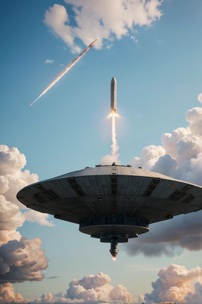 Create a 4K image (3840x2160 pixels) with a 1920x1080 aspect ratio of a large missile being launched from a vehicle launcher standing on a large circular launch pad on an island. The bottom third of the image should depict a military area, including the circular launch pad, vehicle launcher, and surrounding buildings such as hangars. The top two-thirds of the image should be sky, with the missile ascending rapidly and cutting through the clouds. Ensure the missile clearly looks like a missile, not a rocket. Position the missile launch towards the leftmost corner of the image, leaving space on the right for adding other GUI widgets. Capture the scene from a low angle, looking up at the missile to emphasize its size and power. Include dramatic plumes of smoke and flames trailing behind the missile, ensuring vibrant colors and high detail to convey the intensity of the launch. Add a small, barely visible Indian flag on the missile.