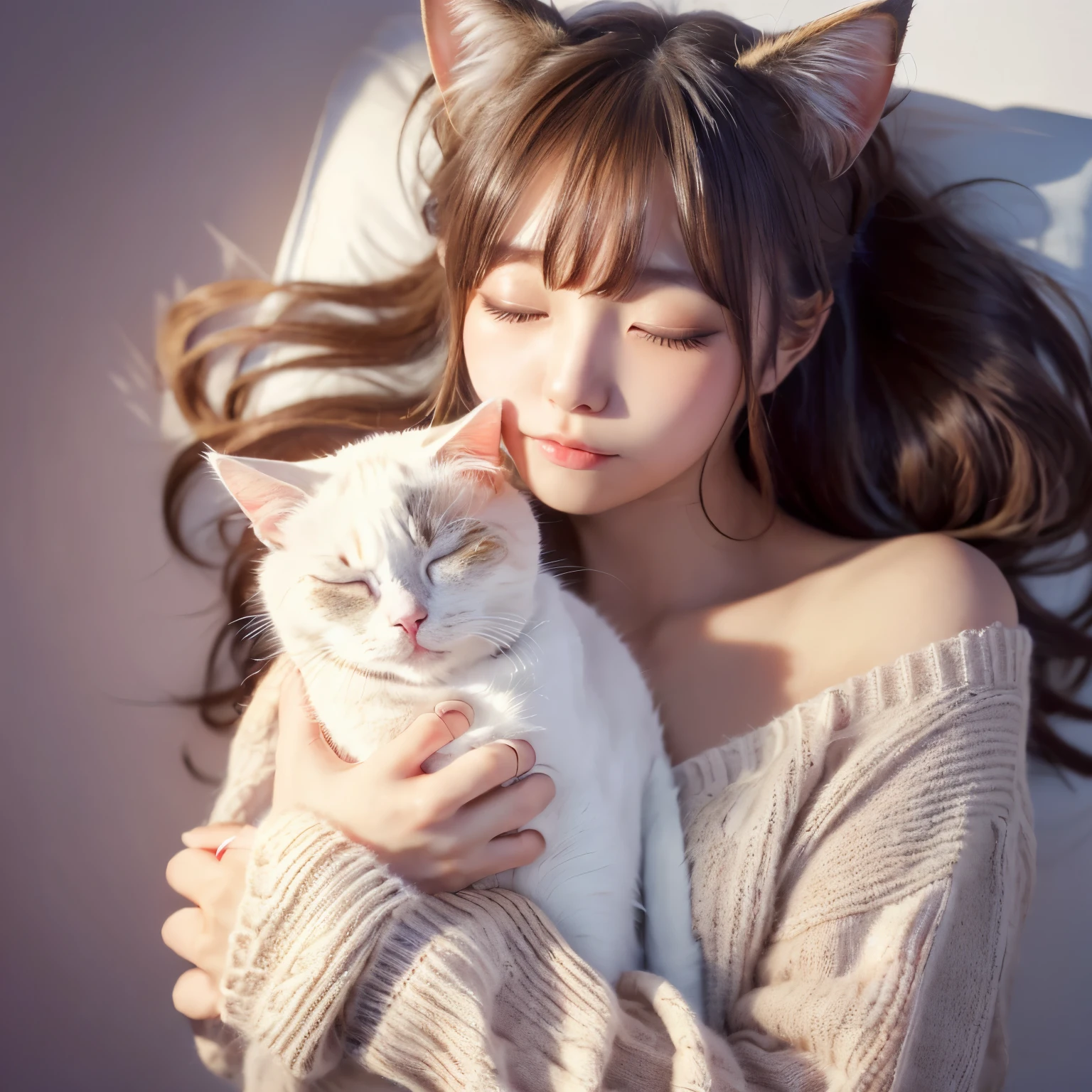 masterpiece, 4K, Bokeh, (cute:1.5), (beautiful girl:1.3), (Japanese Idols:1.6), (Cat ear:1.3) , (sweater:1.3),  (I like cats:1.6), Blushed,  (Holding a sleeping white cat:1.5), (Kiss the cat:1.3), (White Background :1.4), 