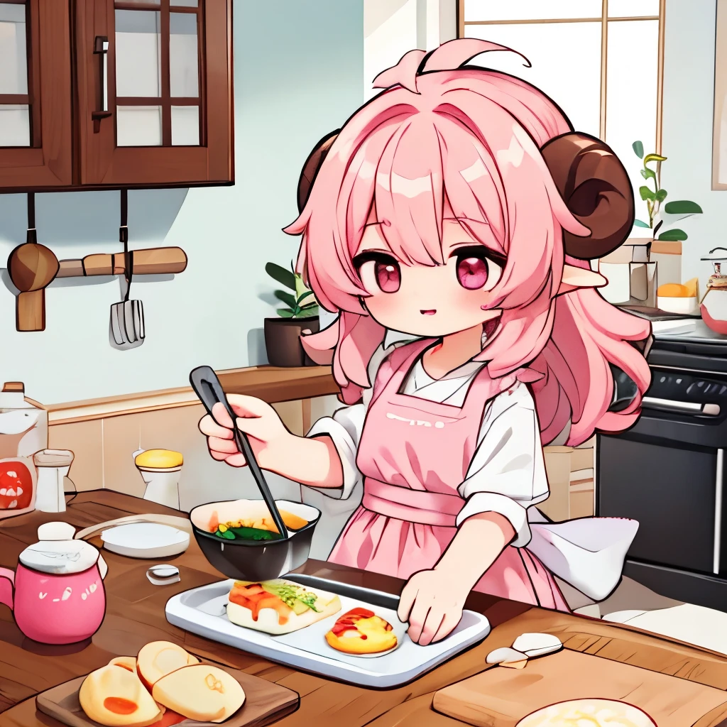 An anime-style illustration of ‘Fua-chan’ cooking in a kitchen. Fua-chan has distinctive features: long pink hair styled in soft curls resembling sheep’s horns, and pink eyes. She is depicted wearing a cute apron over casual clothes, with a cheerful and focused expression as she prepares a meal. She might be chopping vegetables, stirring a pot, or plating a dish. The background shows a cozy, well-equipped kitchen with various cooking utensils, ingredients, and appliances, creating a lively and homey atmosphere as Fua-chan enjoys cooking.