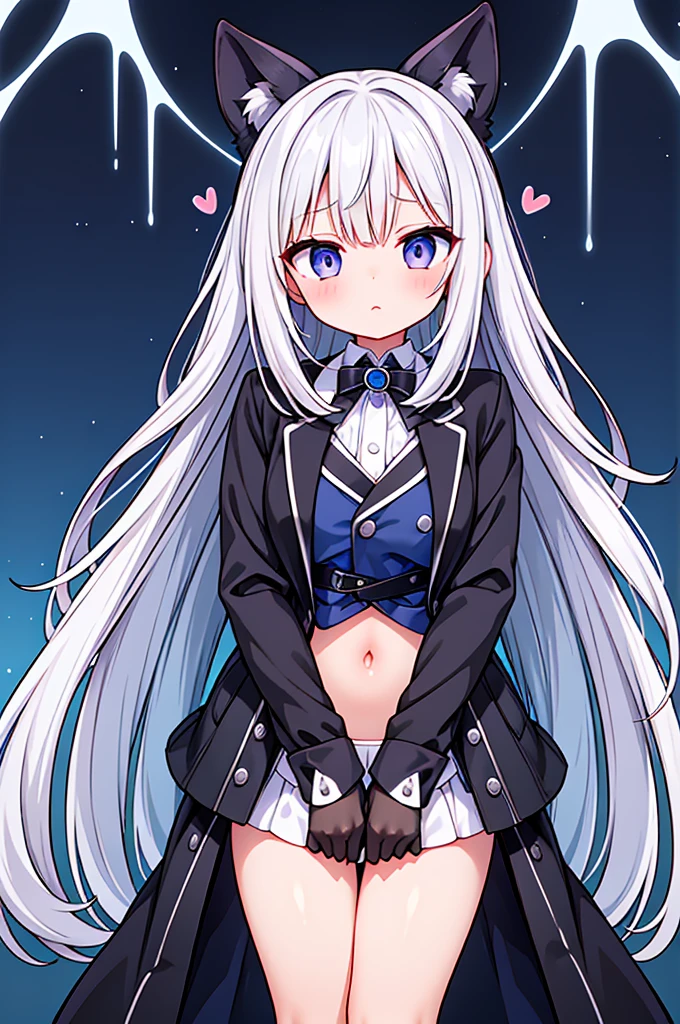 (Highest quality), (High resolution), (masterpiece), (Super detailed), Silver Hair, Long Hair, Blue and purple eyes, Blue Archive Art Style, One girl,  girl, Young Girl, Silky skin, Shiny skin, An athletic body, blush, Heavy breathing, chest, (Open clothes, Black long coat, White shirt, Black tie, Black trousers, My crotch is wet), Diagram from the front, (Bright saturation), Dripping love juice, Heart Pupil, Expression of pleasure, Trembling with sexual climax, Heavy breathing, Night Alley