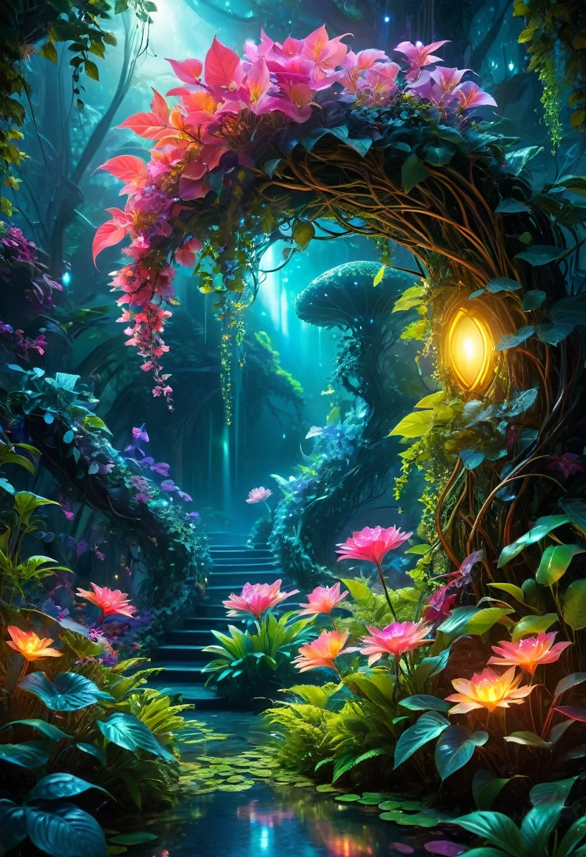 (best quality,4k,8k,highres,masterpiece:1.2),ultra-detailed,(realistic,photorealistic,photo-realistic:1.37),bright and colorful lighting,vivid colors,botanical dreamscape,magical alien plant,ethereal atmosphere,otherworldly,alien landscape,alien vegetation,extraterrestrial flora,unsual plant life,exotic display,nurtured by cosmic energy,phosphorescent glow,glowing petals,crystalline leaves,bioluminescent tendrils,surreal and vibrant,rich saturation,organic shapes,translucent blossoms,dreamlike fantasy,enchanted environment,lush growth,abundant foliage,twisting vines,shimmering leaves,unusual textures,curved forms,aromatic scent,transcendent beauty,mystical allure,mythical essence,enchanted garden,hidden sanctuary,peaceful tranquility,harmony with nature.