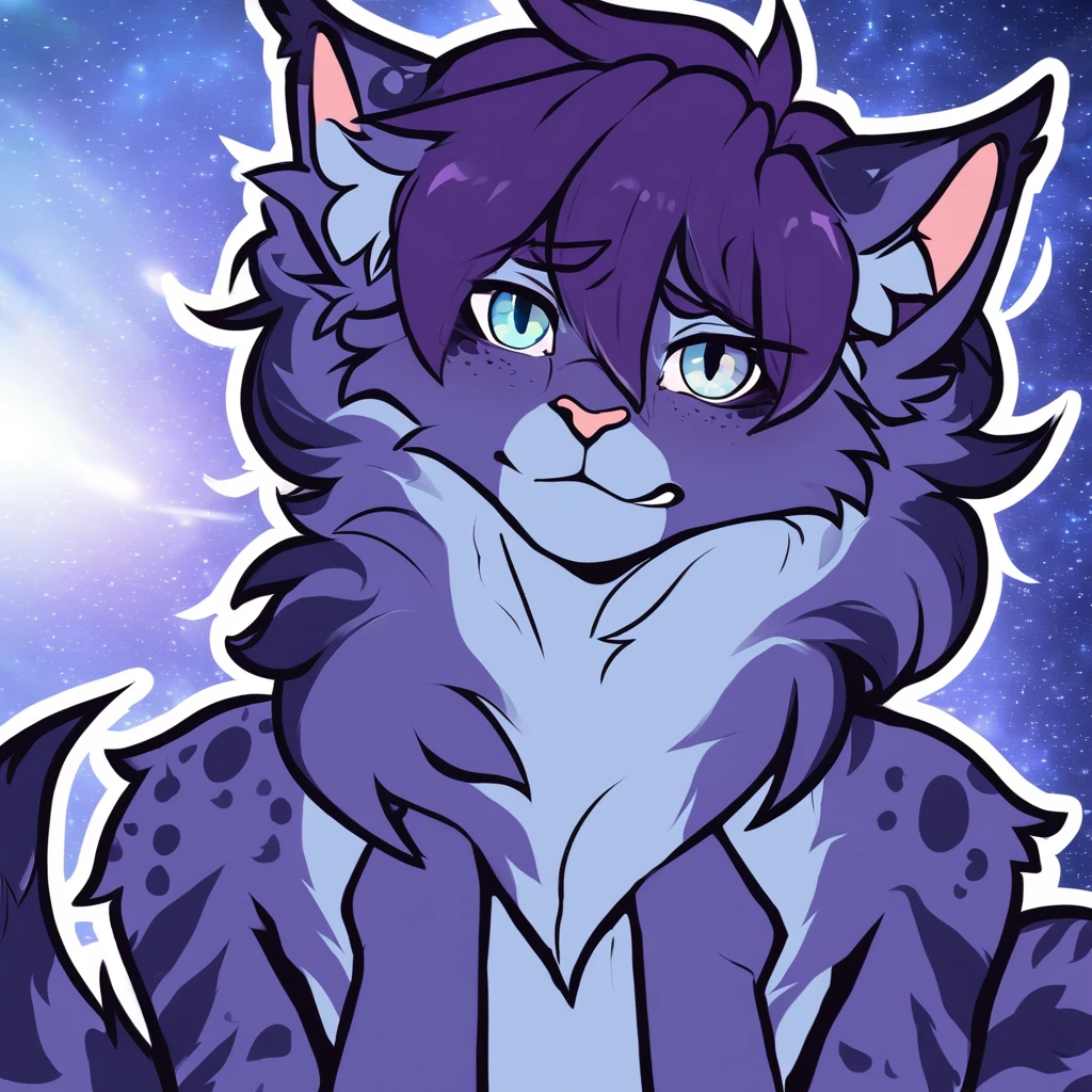 adult, feline, mammal, anthro, anthromorphic, cat, striped, fur, furred_anthro, femboy, male, dark_blue, ear_tufts, paws, hair_tuft, hair_between_eyes, long_tail, fluffy, expressive_eyes, purple_hair, light, galaxy_fur, looking_at_viewer, light_blue_chest, shy, small_pupils, spotted_pattern, stripes, digital_art, high_resolution, high_res, background shy, head_visible, neck_visible, profile_picture, seductive_face, galaxy_background, white_outline, angry_expression