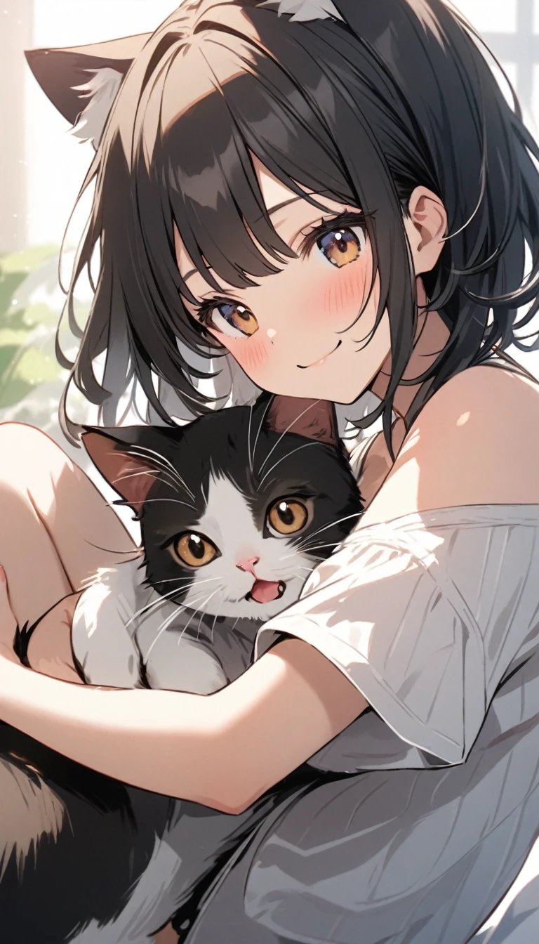A cute girl with a cute cat