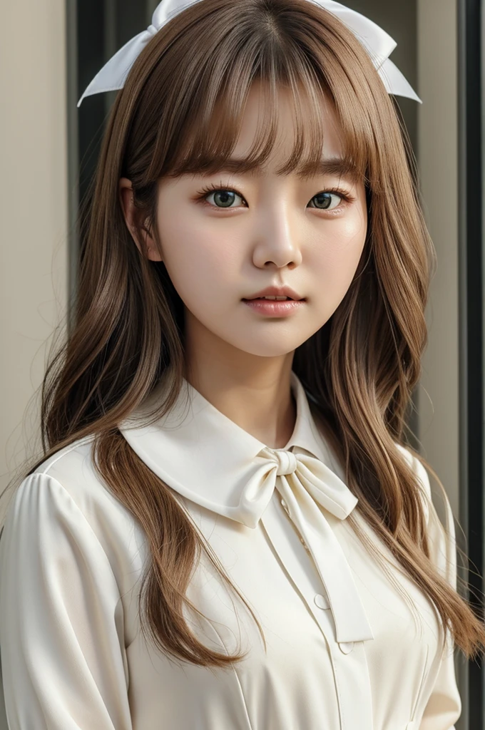 kang hyewon with long blonde hair, has green eyes. Her clothes are a brown dress with white ribbon in a sailor cut and she has a big white bow right on the right..