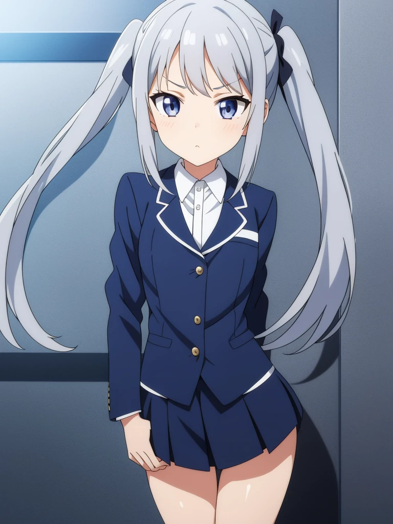 1girl, anime girl, silver hair, long twintails, silver eyes, dark blue school suit, anime wallpaper style