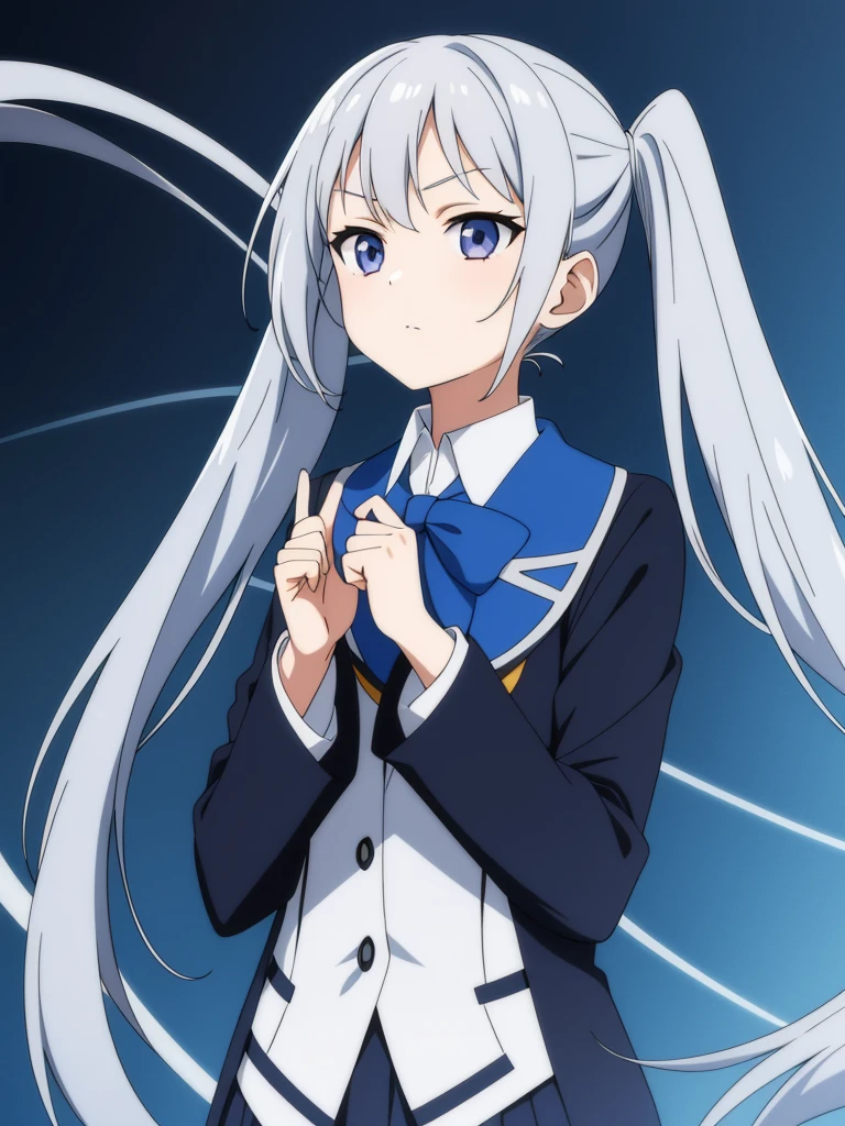 1girl, anime girl, silver hair, long twintails, silver eyes, dark blue school suit, anime wallpaper style