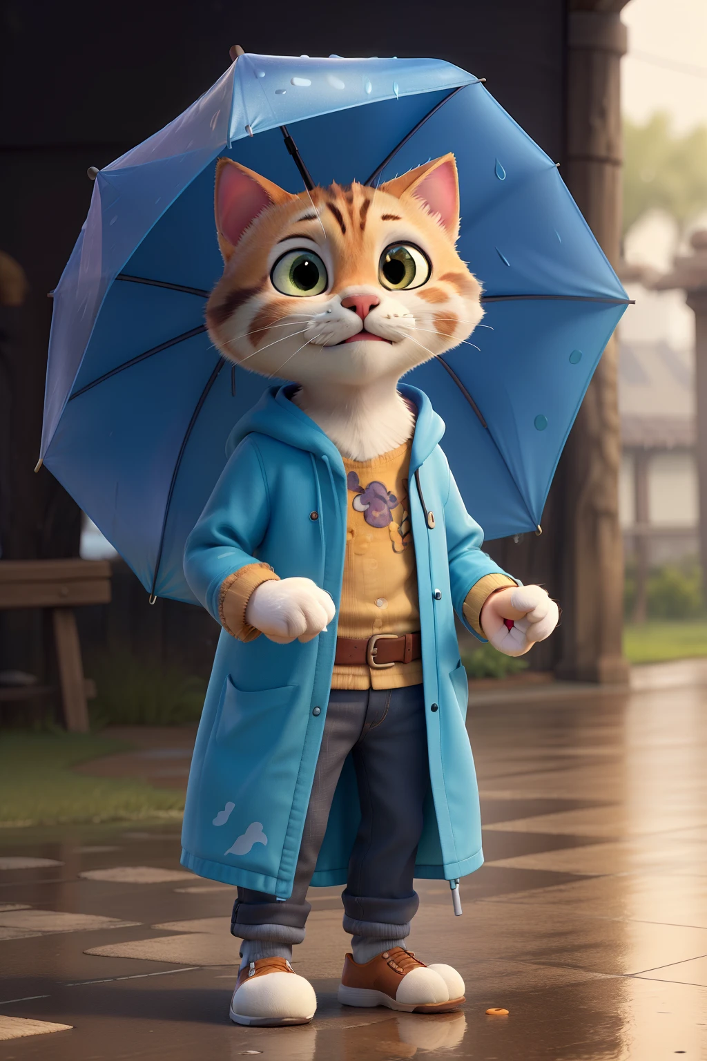 ((best quality)), ((masterpiece)), (detailed), "A cat wearing a brightly colored raincoat is holding an umbrella in the rain."