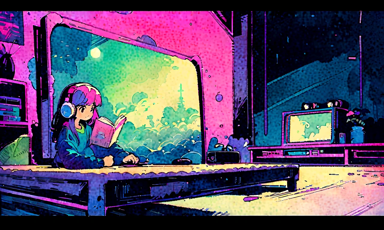 (zero), Girl studying in room, Reading a book, Wear headphones, , night lighting, Neon scenery on a rainy day,Analog Color Theme, Lo-fi Hip Hop , review, flat, 2.5D ,Draw a line, Ink painting, Large slope, Watercolor, Goosh Colors, Studio Ghibli style, Great colorful, Outerton, Synthwave, Lofi Art,90s Style,Old Texture, amplitude,90s vibe, Tabletop, Great technology, 16:9 Scale